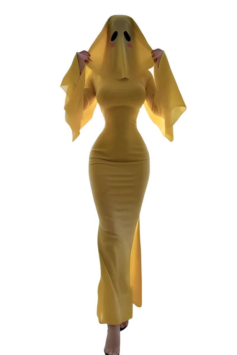 A yellow ghost cosplay costume featuring a slim fit long dress with wide sleeves and ghost face hood.