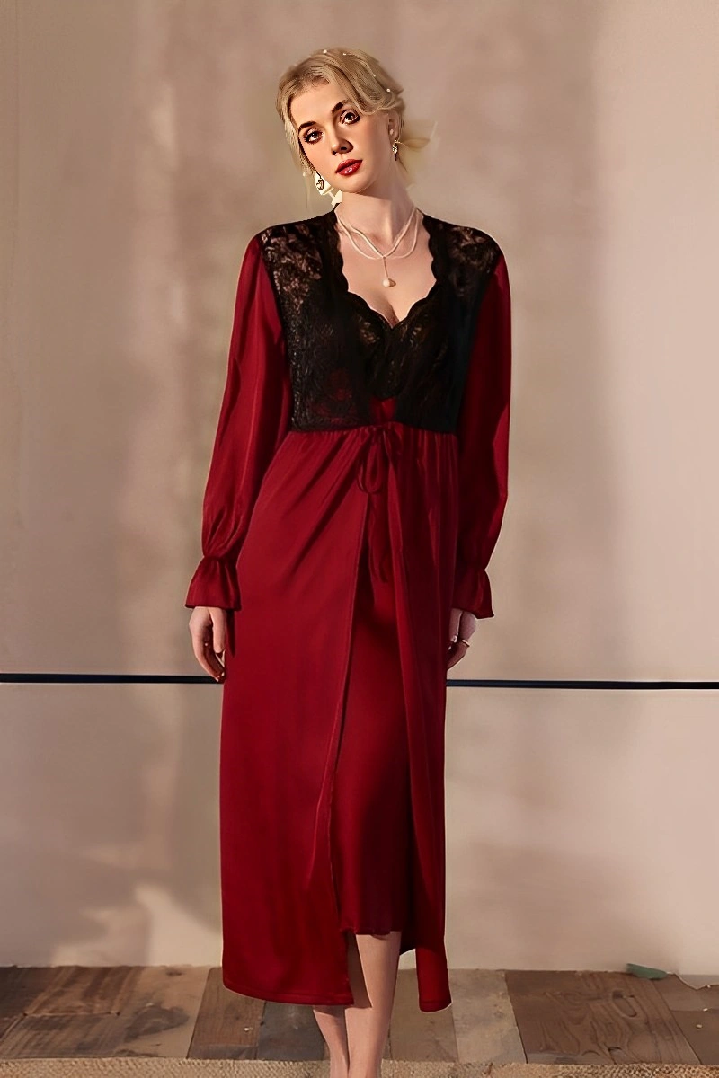 Alt text: Wholesale short sexy nightgown in wine red with black lace neckline