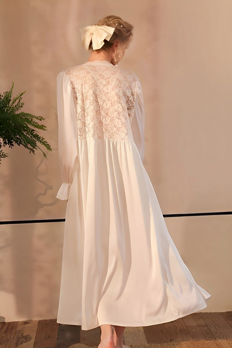 Alt text: Wholesale short sexy nightgown in white with full lace back design