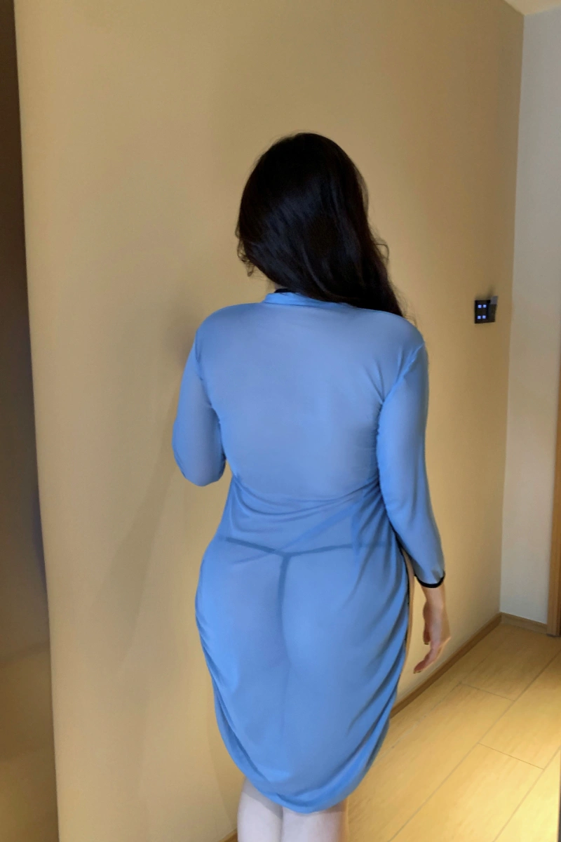 Back view of blue cheongsam lingerie with long sleeves and fitted design