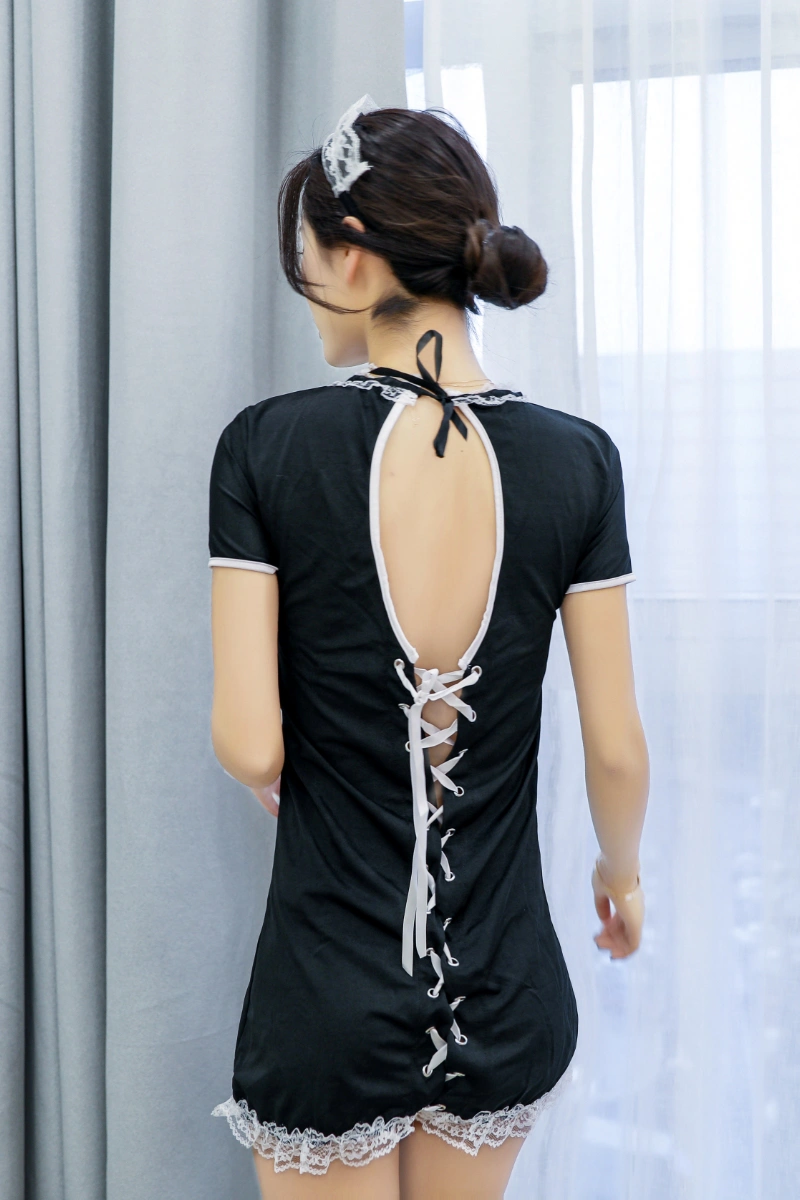 Back view of black cheongsam lingerie featuring lace-up ribbon ties and sheer lace hem