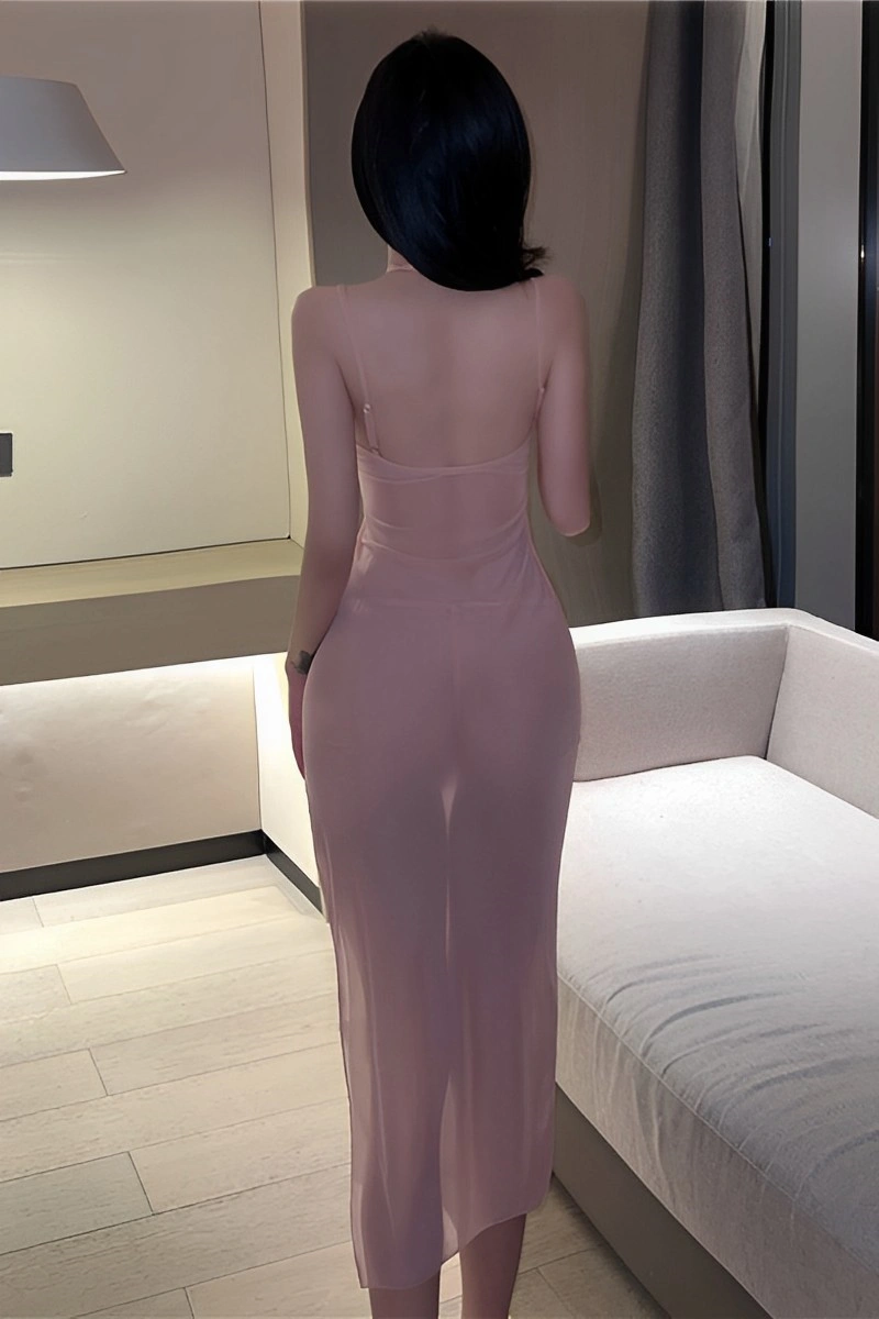 Back view of pink wholesale cheongsam cosplay lingerie with sheer fabric and slim fit