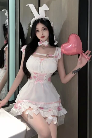 Model wearing b2b white bunny lingerie with pink heart details, lace-up waist, and bunny ear headband