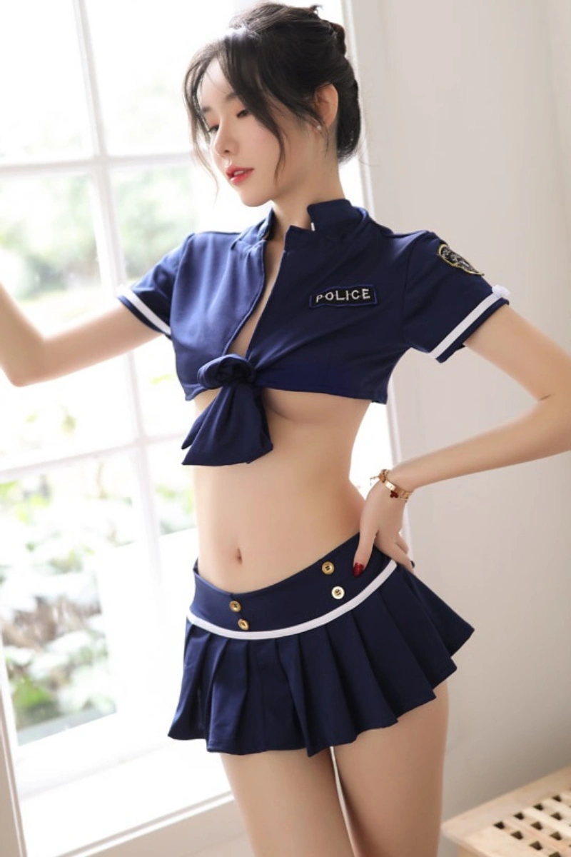Cute student uniform navy blue crop top with pleated skirt