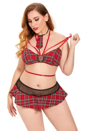 Plus size erotic student costume in red plaid, featuring strappy bra top, mini skirt, and choker tie.