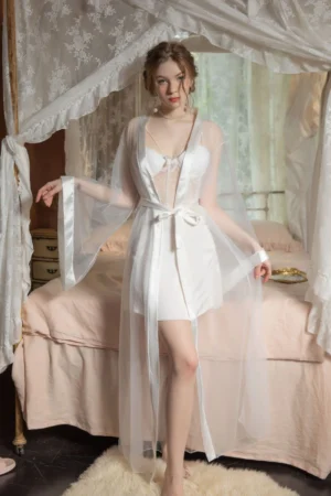 Model wearing wholesale exotic cheongsam lingerie in elegant white satin with sheer robe design