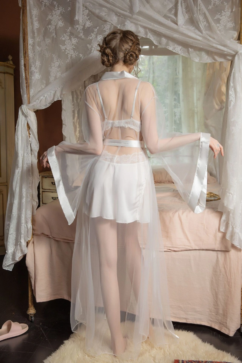 Back view of wholesale exotic cheongsam lingerie in white satin with sheer long robe