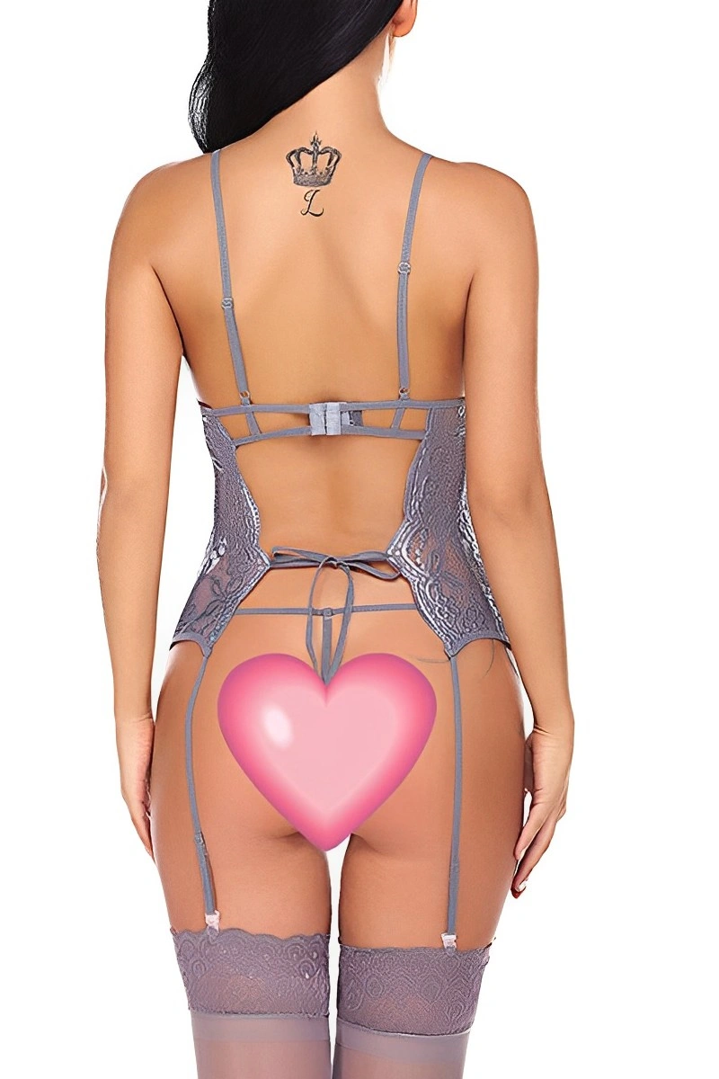 Alt text: Back view of wholesale lace sexy garters in gray lace