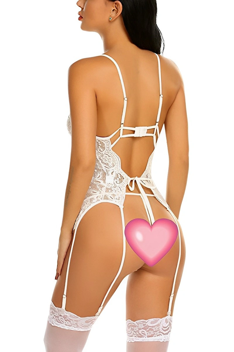 Alt text: Back view of wholesale lace sexy garters in white lace