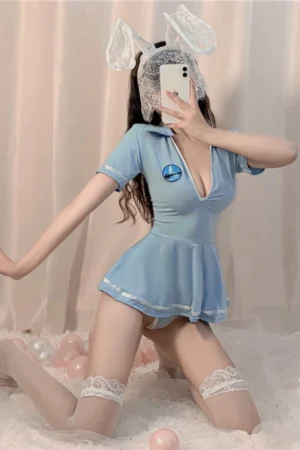 Sexy wholesale mini bunny lingerie dress in light blue with short sleeves, deep V neckline, and lace bunny ears.