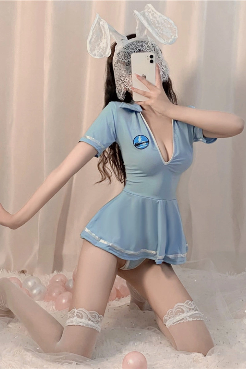 Sexy wholesale mini bunny lingerie dress in light blue with short sleeves, deep V neckline, and lace bunny ears.