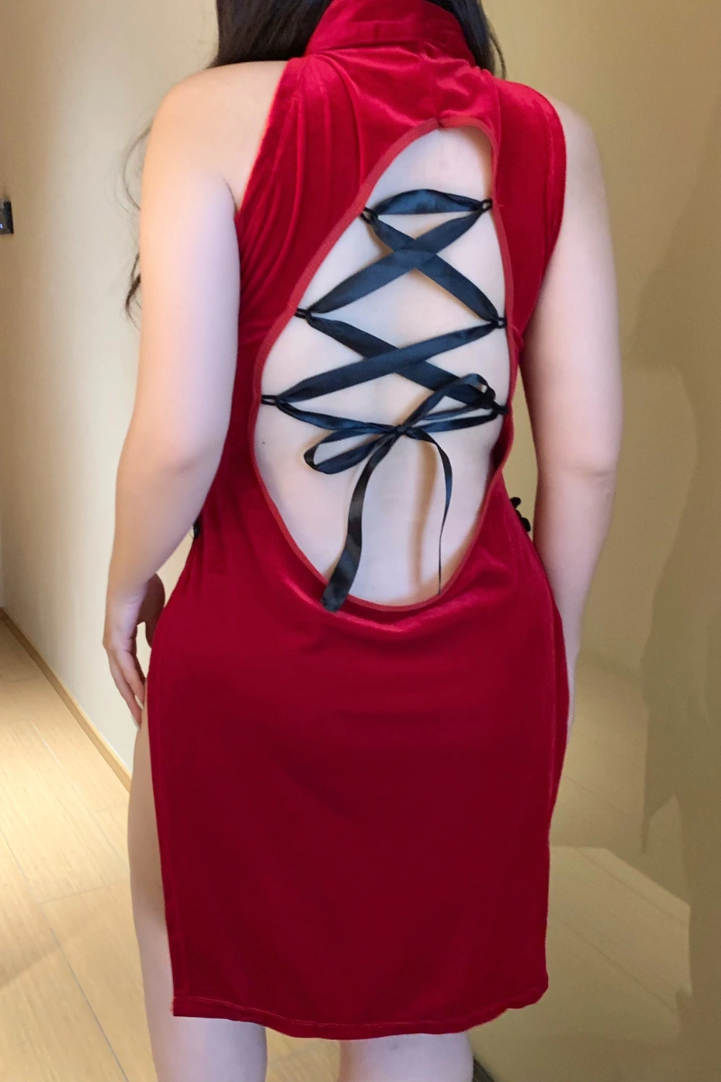 Back view of wholesale plus size cheongsam lingerie in red velvet with black crisscross lace-up design for a seductive style.