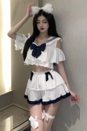Model wearing wholesale JK lace student lingerie featuring a white layered skirt, navy bow, and ruffled top with playful student-inspired design.