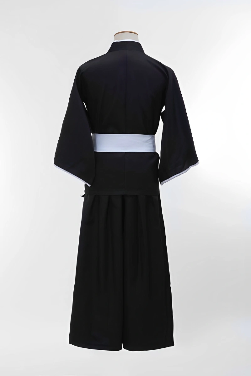 Rear view of anime kimono costume in black with white belt, ideal for cosplay and wholesale distribution.