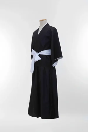 Black anime kimono costume with wide sleeves and a white belt, designed for cosplay and wholesale supply.
