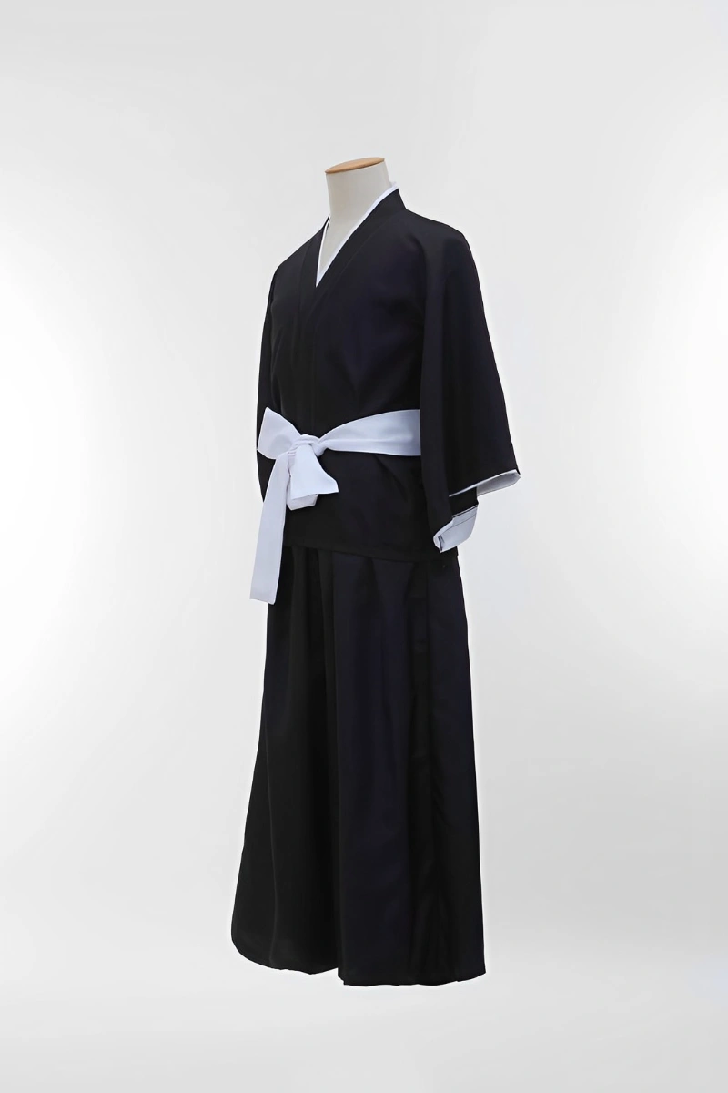 Black anime kimono costume with wide sleeves and a white belt, designed for cosplay and wholesale supply.