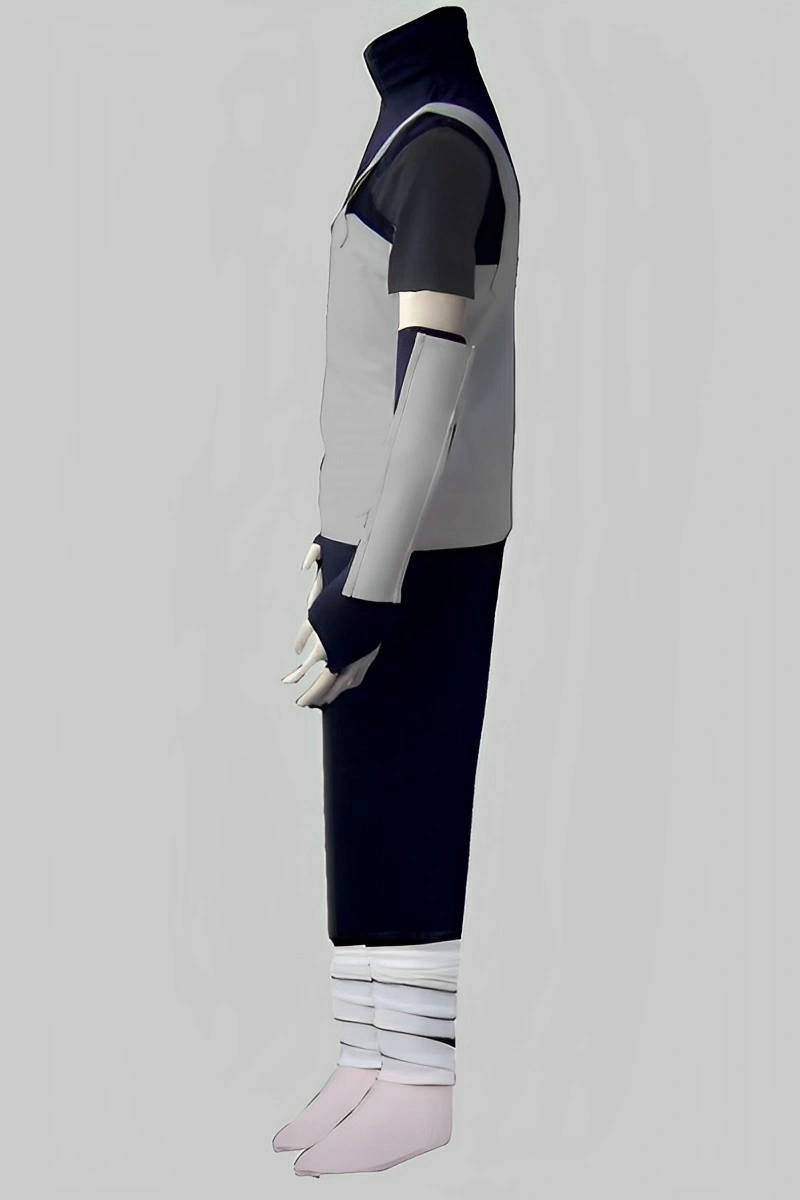 Anime Ninja Costume in gray and black with protective arm guards, slim pants, and a high-neck vest.