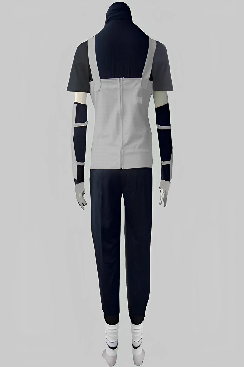 Anime Ninja Costume back view with gray vest, zipper closure, black pants, and arm accessories.