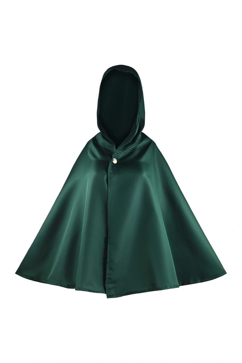 Front view of a green Attack on Titan Survey Corps Cloak with hood, closed with a button.