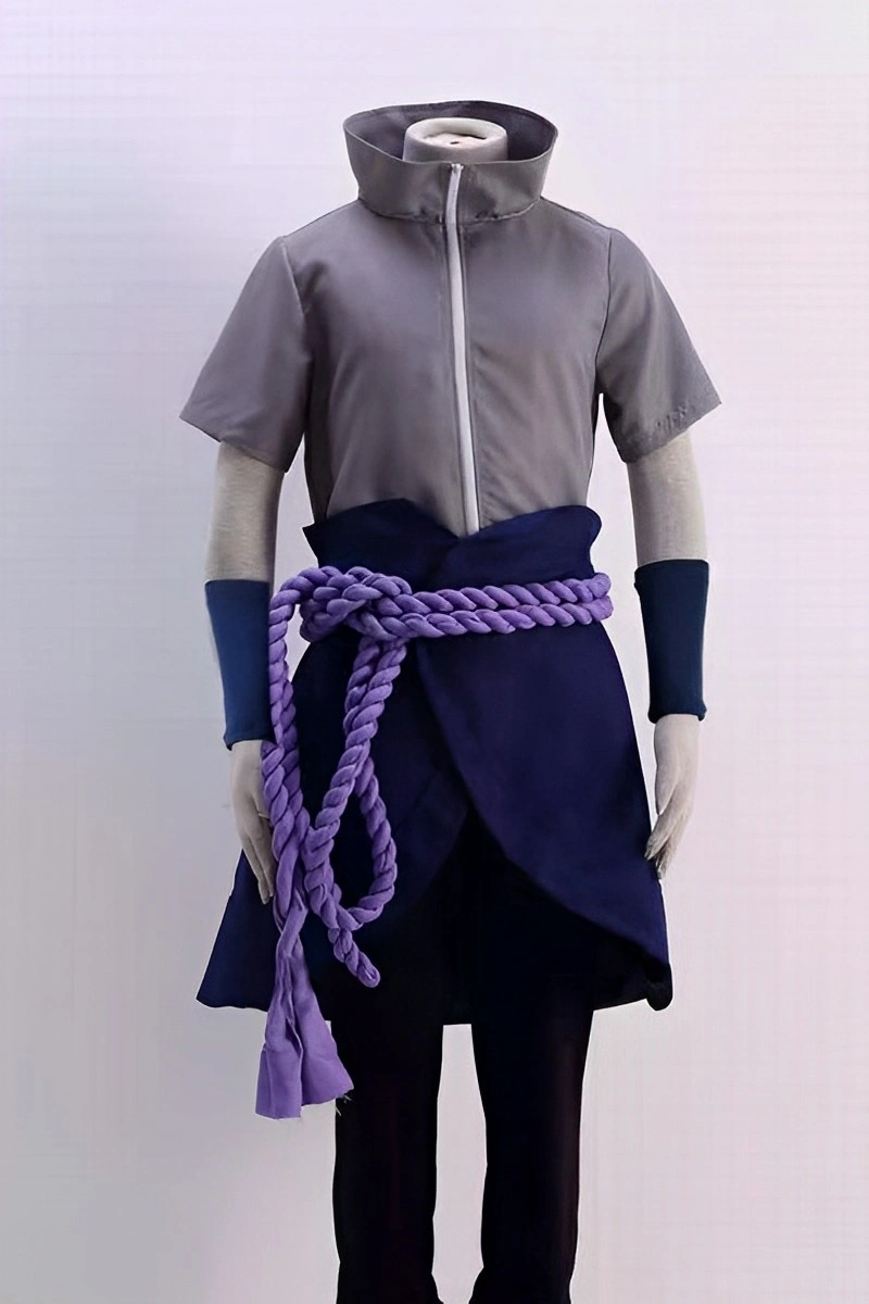 Front view of Sasuke Cosplay Costume including high collar grey top, navy skirt overlay, purple rope belt, and black pants.