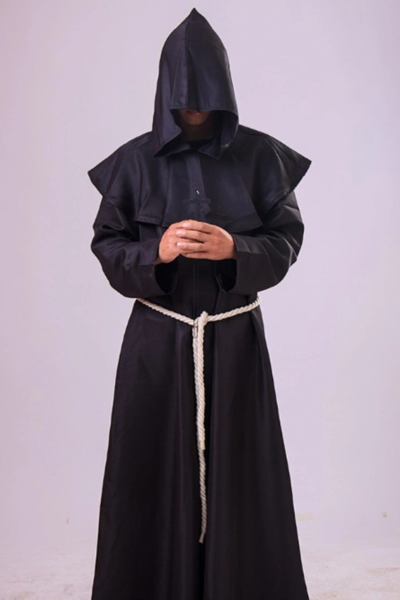 A black monk robe costume with hood and rope belt, perfect for cosplay or stage wear.
