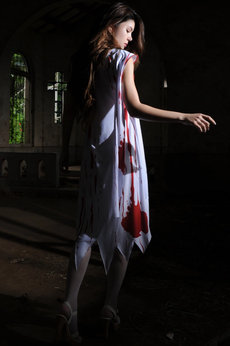 Back view of Bloody Ghost Cosplay Costume showing long white dress with blood patterns