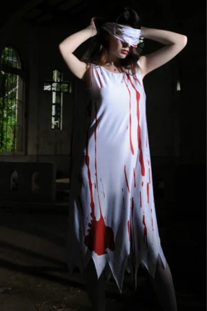 Model wearing Bloody Ghost Cosplay Costume with long white dress covered in red blood stains