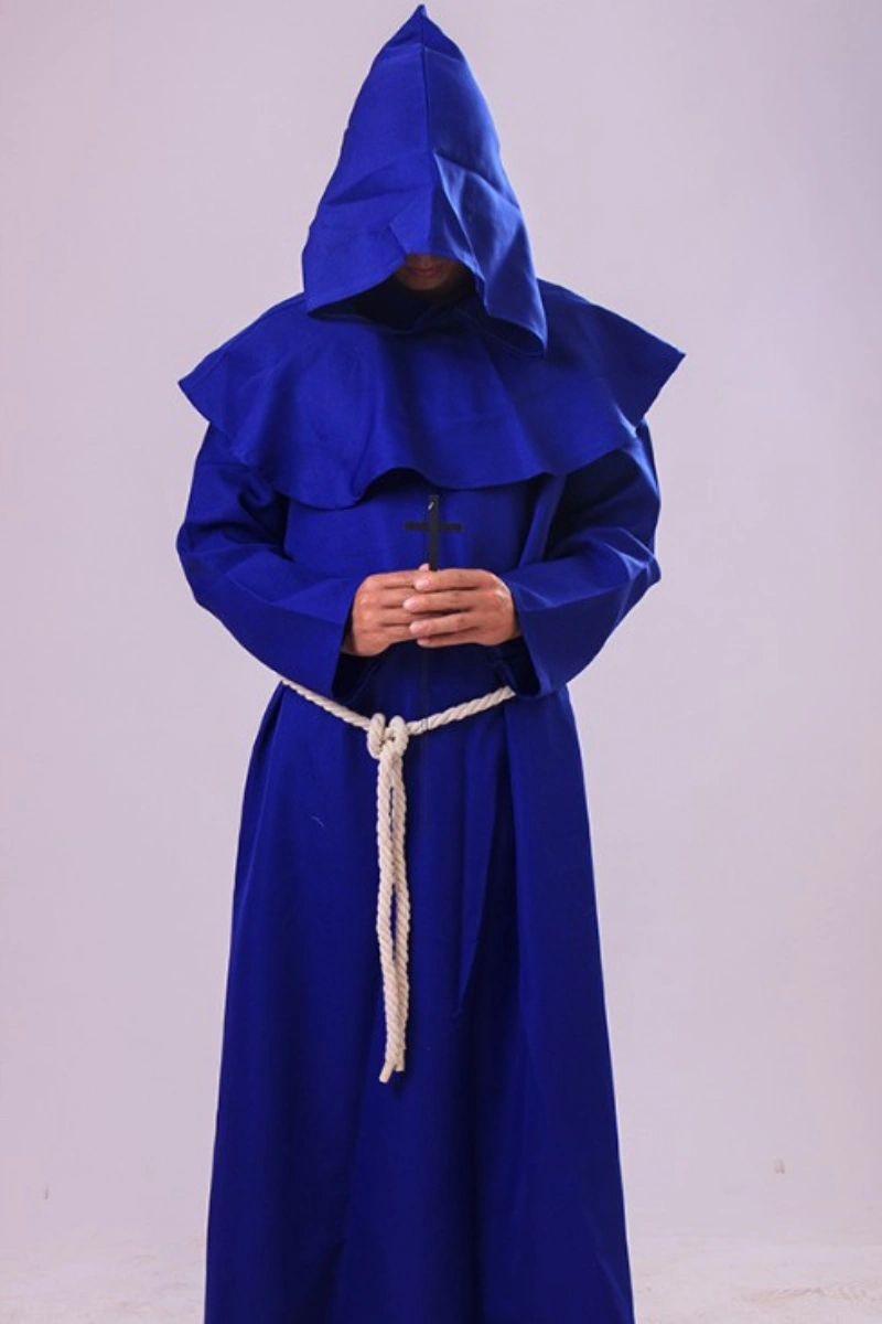 A blue monk robe costume featuring a hood and rope belt, designed for bulk buyers.