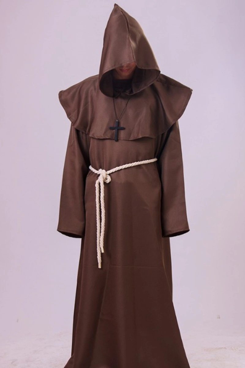 A brown monk robe costume complete with hood and rope belt, ideal for B2B buyers.