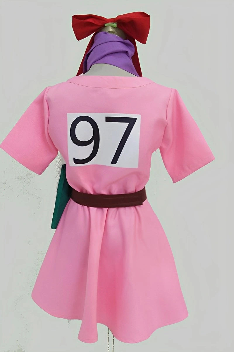 Back view of Bulma Cosplay Costume showing pink dress with number 97 and waist belt