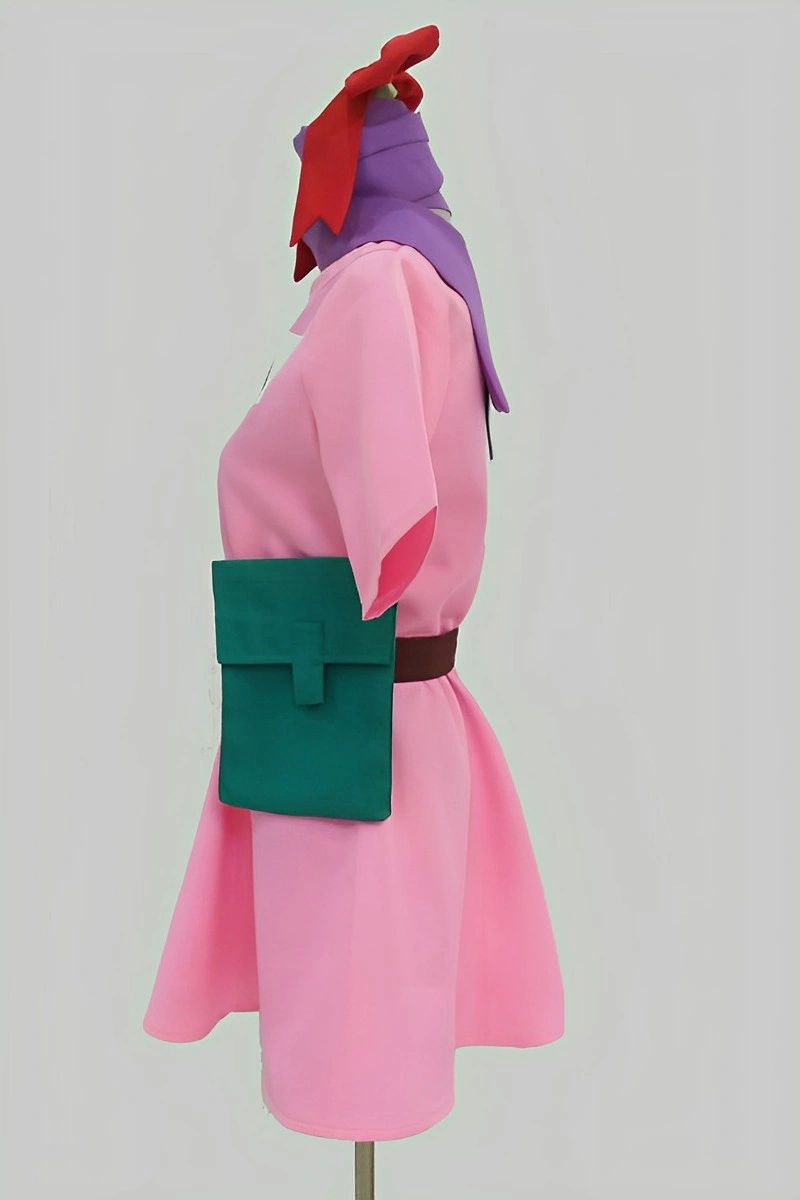 Side view of Bulma Cosplay Costume featuring pink dress, green pouch, and red bow