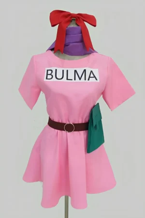 Front view of Bulma Cosplay Costume featuring pink dress, red bow, and printed BULMA logo