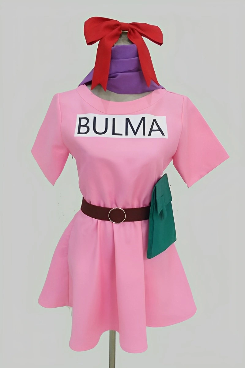 Front view of Bulma Cosplay Costume featuring pink dress, red bow, and printed BULMA logo