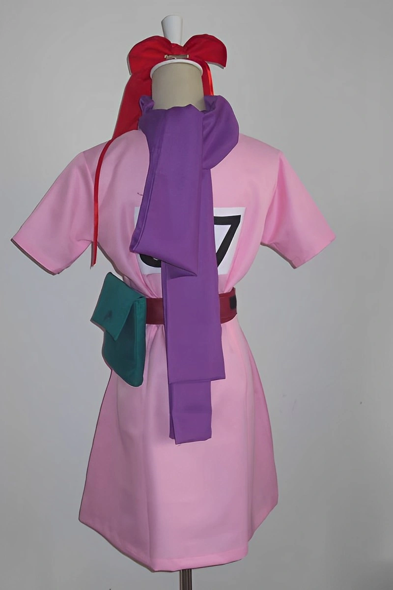 Bulma Cosplay Costume showing pink dress with number 97 at the back, red bow, and purple scarf