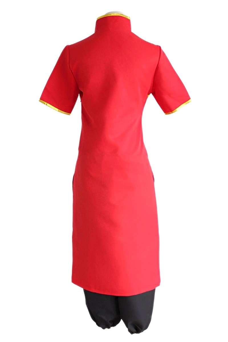 Back view of the Chinese Style Cosplay Costume, highlighting the red dress with yellow trim and black pants.