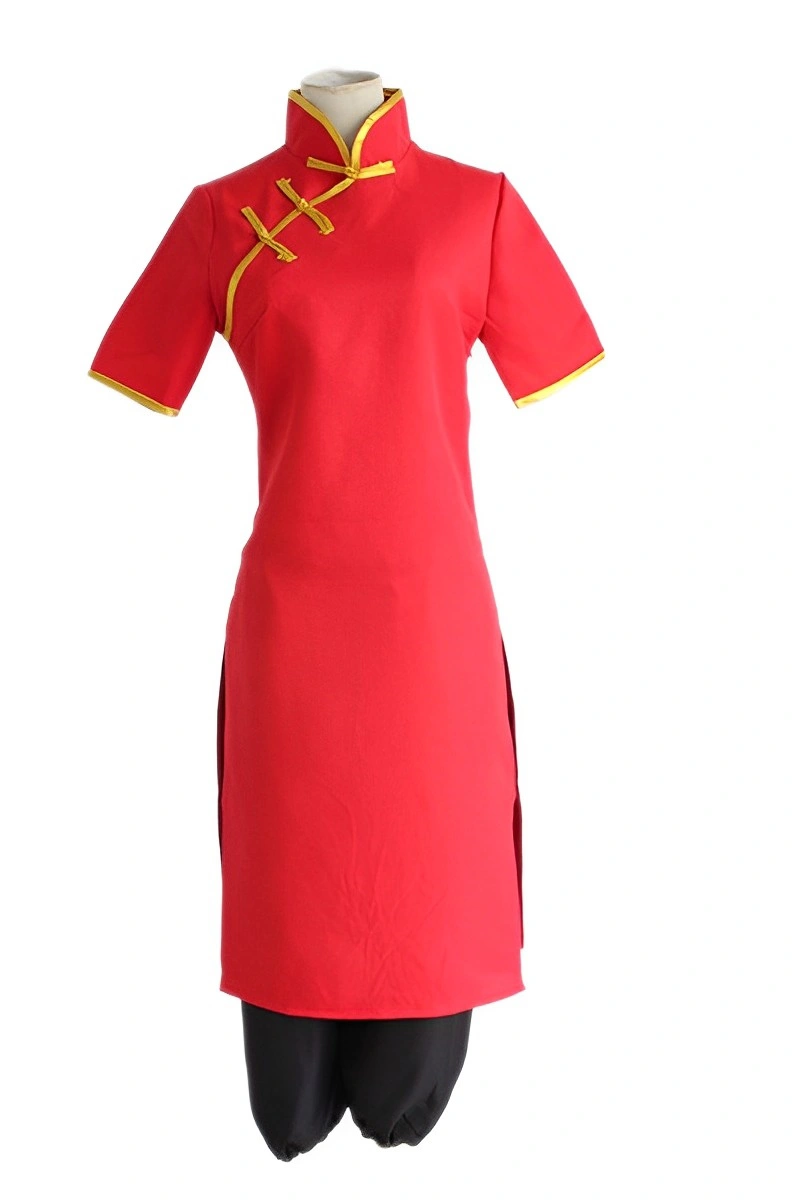 A Chinese style cosplay costume featuring a red dress with yellow trim and black pants, designed for wholesale buyers.