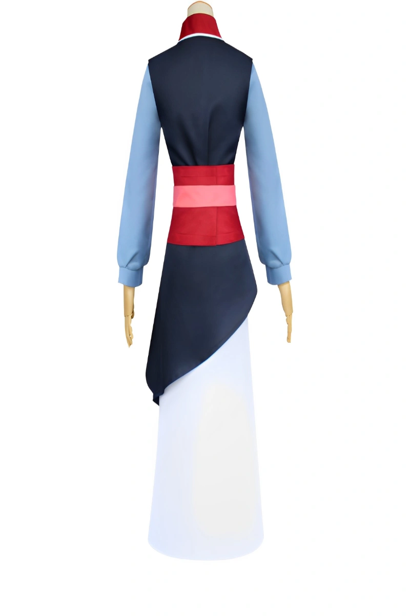 Back view of Disney Mulan Costume showing navy vest, red sash, and long white skirt in traditional style.