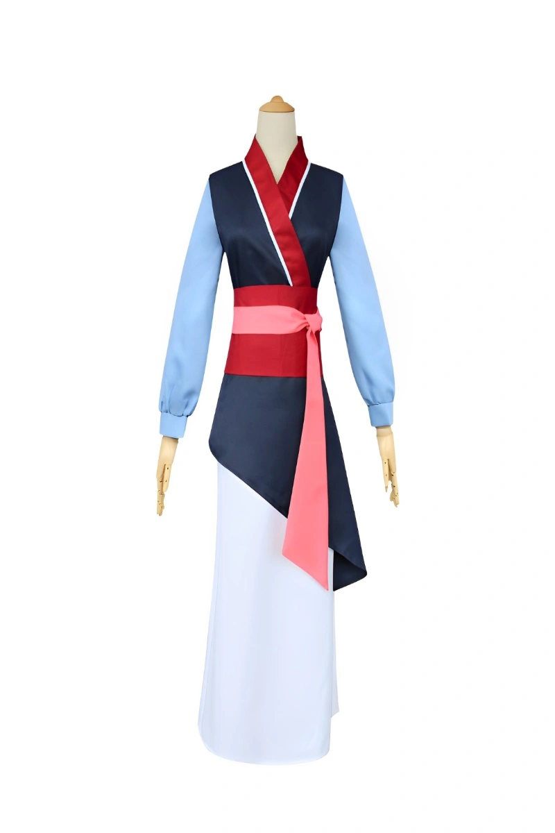 Front view of Disney Mulan Costume featuring a navy and red hanfu design with pink belt and long white skirt.