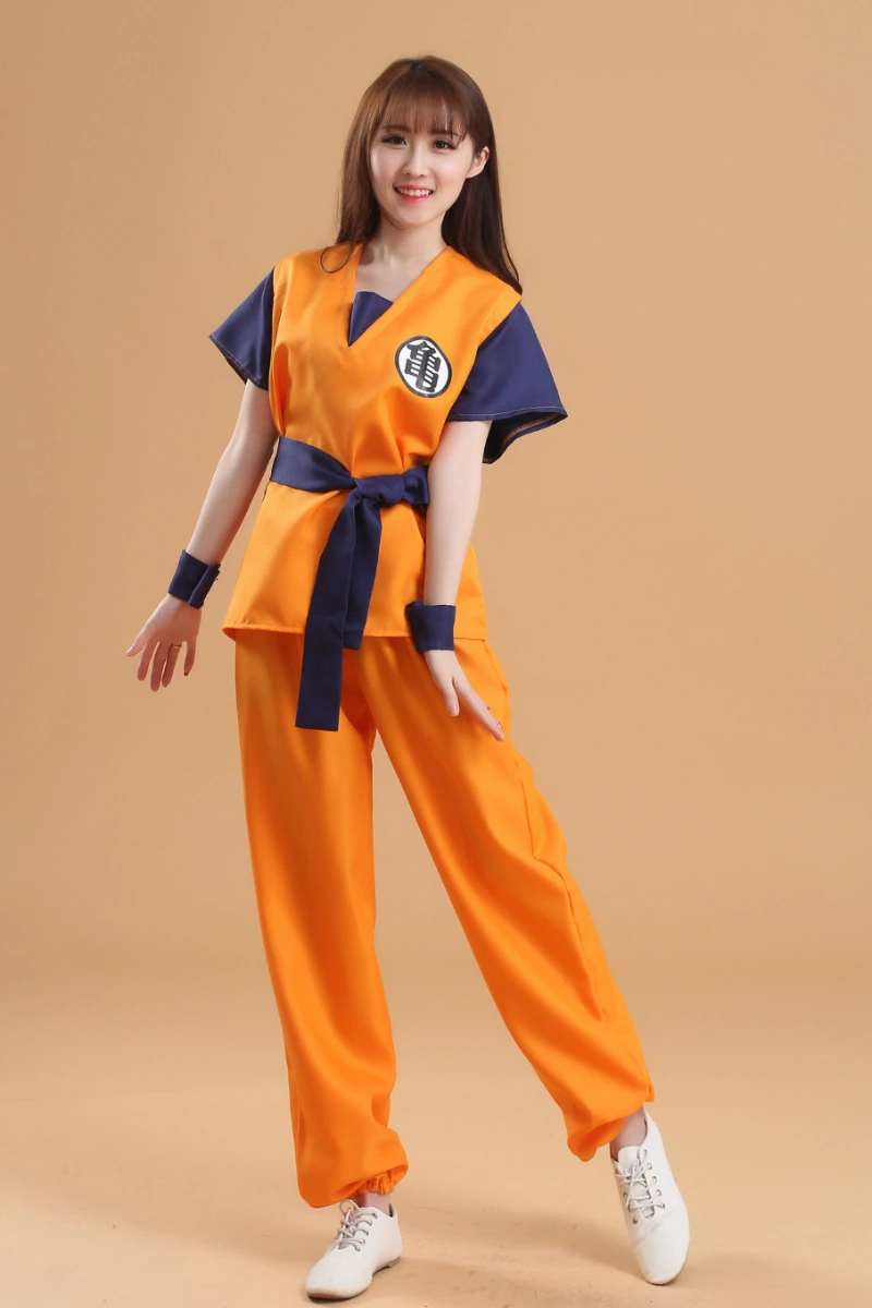 Model wearing Dragon Ball Anime Cosplay Costume with orange top and pants, navy belt and cuffs