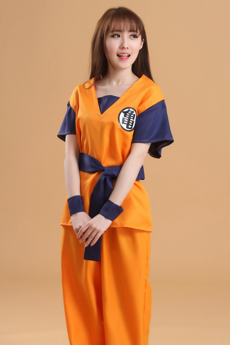 Dragon Ball Anime Cosplay Costume featuring female model in orange and navy outfit with belt and wristbands