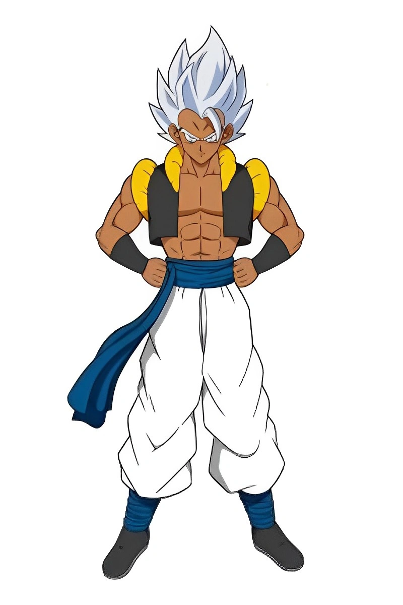 Dragon Ball character Gogeta wearing black vest, yellow shoulders, blue sash, and white pants