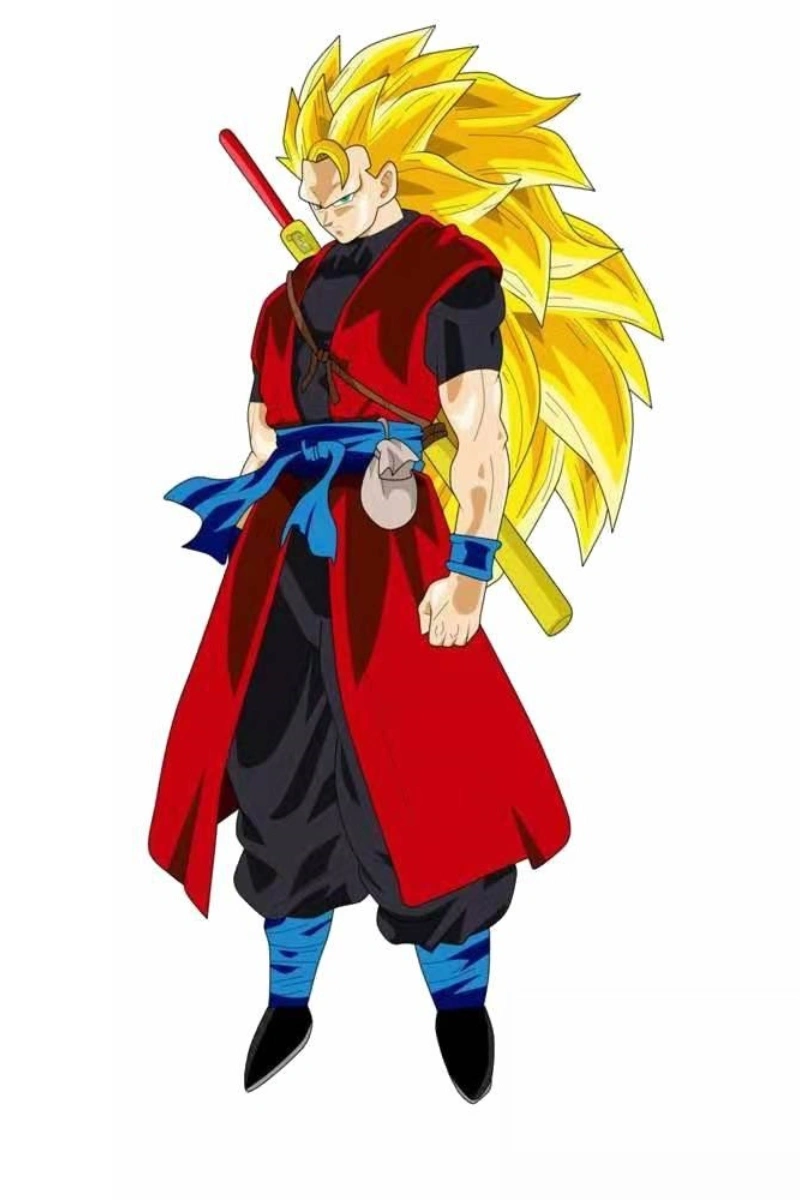 Illustration of Dragon Ball Vegito Cosplay Costume with red robe, black pants, blue belt, and golden hair