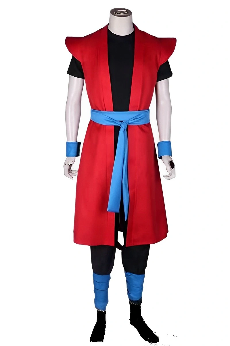 Mannequin wearing Dragon Ball Vegito Cosplay Costume with red robe, black inner outfit, and blue accessories