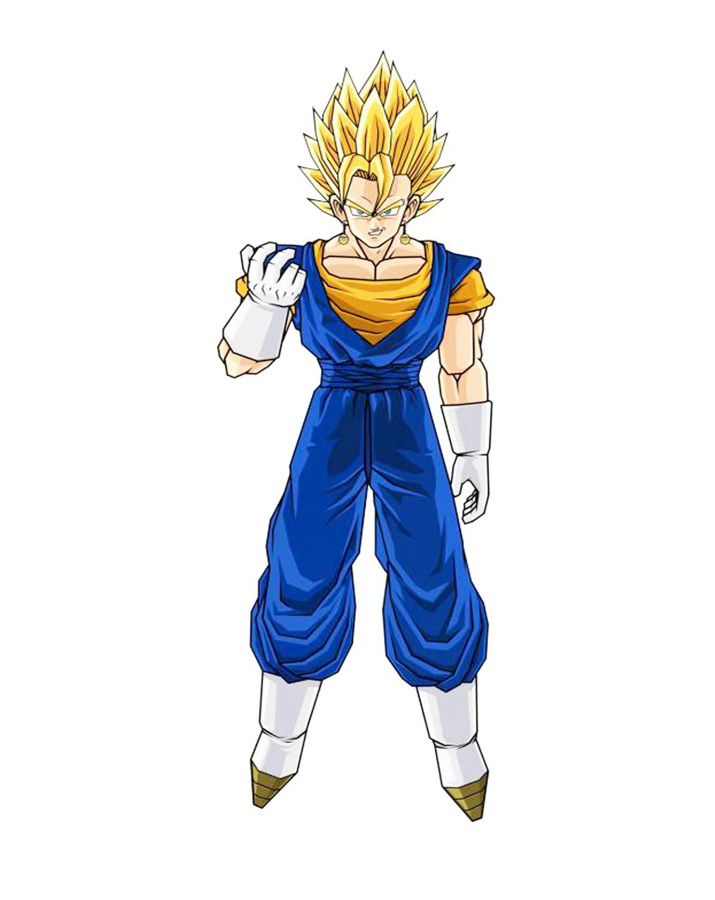 Anime illustration of Vegito wearing the Dragon Ball Vegito Costume in blue and yellow with white gloves and boots.