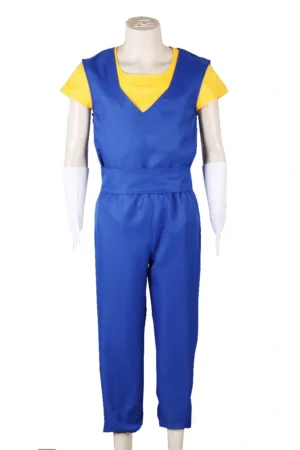 Mannequin wearing Dragon Ball Vegito Costume with blue jumpsuit, yellow undershirt, and white gloves.