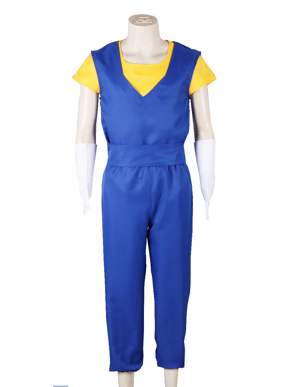 Mannequin wearing Dragon Ball Vegito Costume with blue jumpsuit, yellow undershirt, and white gloves.