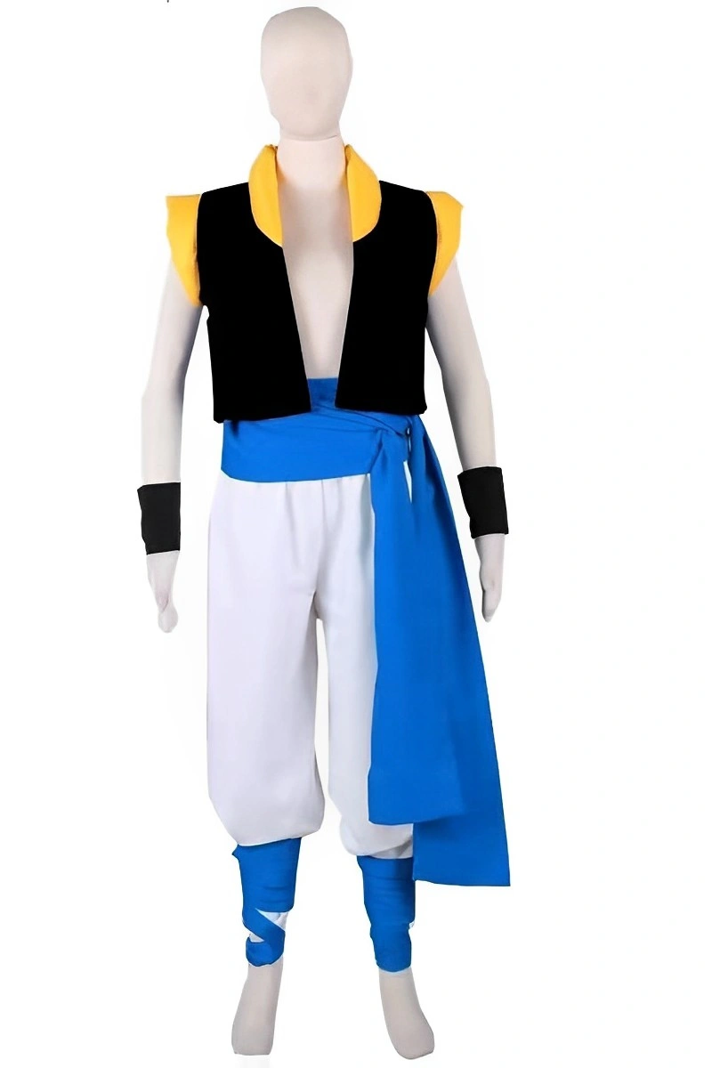 Mannequin dressed in Gogeta cosplay costume featuring black vest, yellow shoulders, white pants, and blue sash