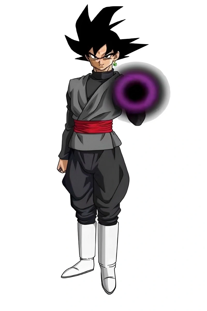 Full body anime illustration of Goku Black Costume featuring dark grey gi, red sash belt, black pants, and white boots.