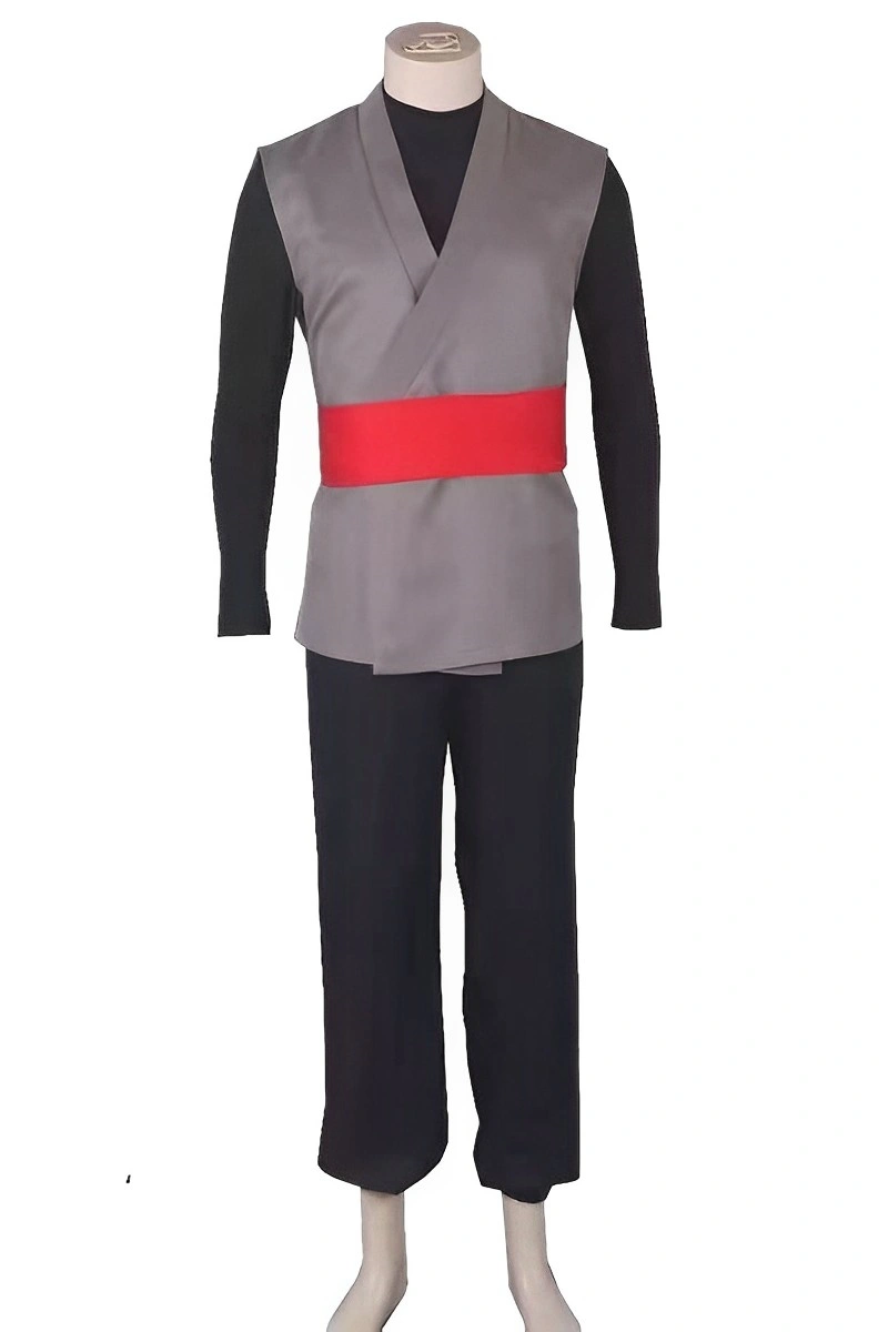 Mannequin dressed in Goku Black Costume featuring grey gi, black undershirt, black trousers, and red waist sash.