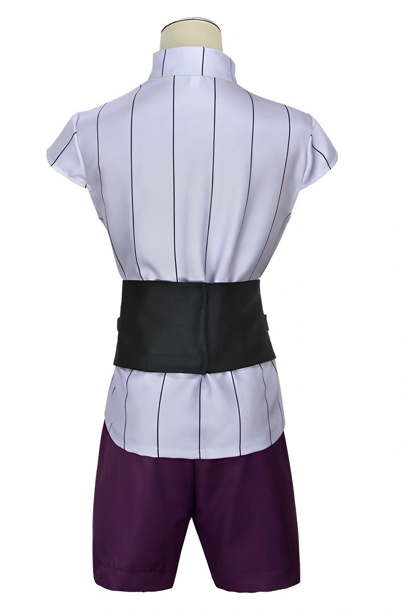 Back view of Kabuto Cosplay Costume showing light purple top with vertical lines, black waist belt, and dark purple shorts